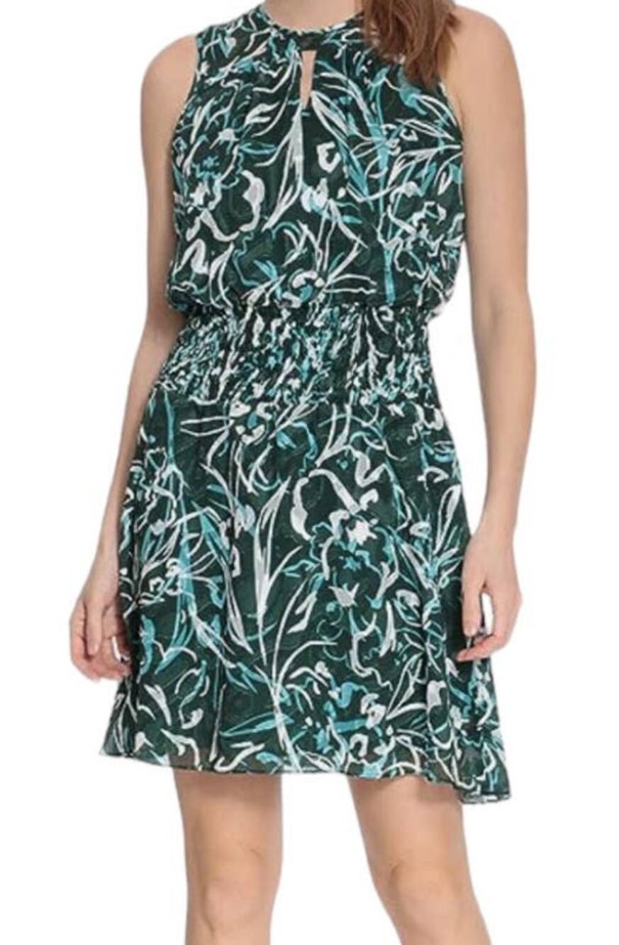 London Times dress Smocked waist Yoryu sleeveless green print size 18W
